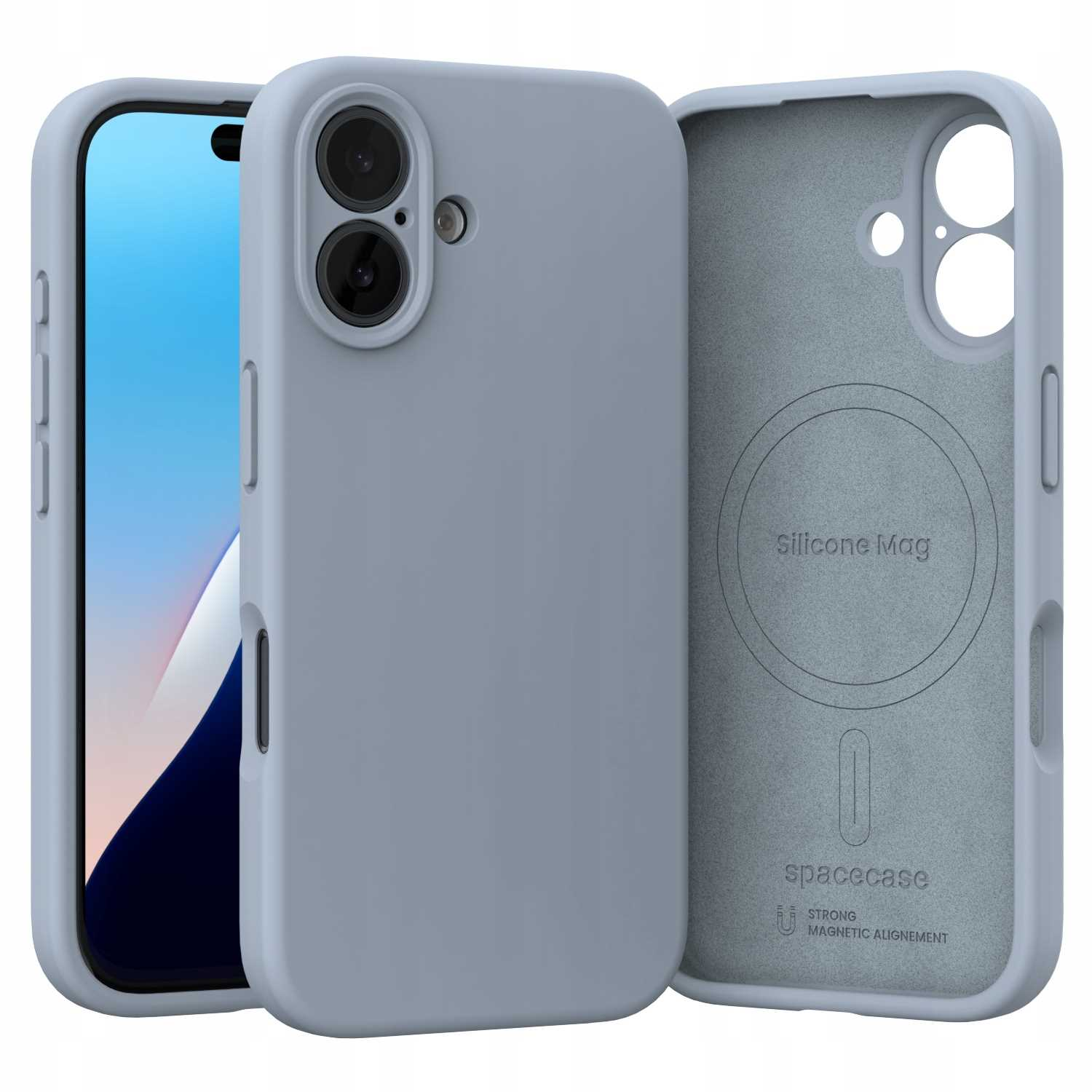 Jasnoniebieskie etui na telefon z trzech części: telefon, tylna obudowa i wewnętrzna obudowa. Wewnętrzna obudowa ma napis 'Silicone Mag' i 'spacecase'.