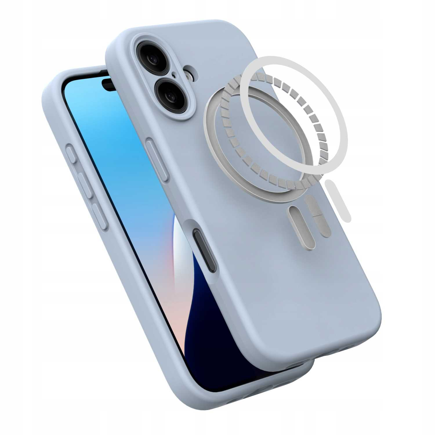 Jasnoniebieskie etui na telefon z iPhonem w środku. Etui ma magnetyczny pierścień z tyłu. Ekran telefonu jest widoczny.