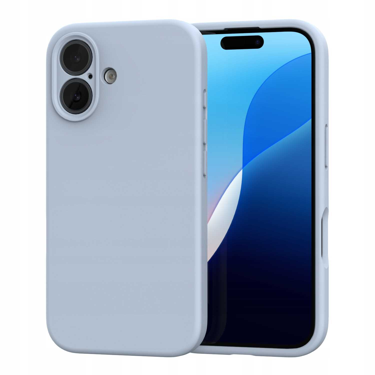Jasnoniebieskie etui na telefon obok smartfona. Ekran telefonu wyświetla niebiesko-biały abstrakcyjny obraz.
