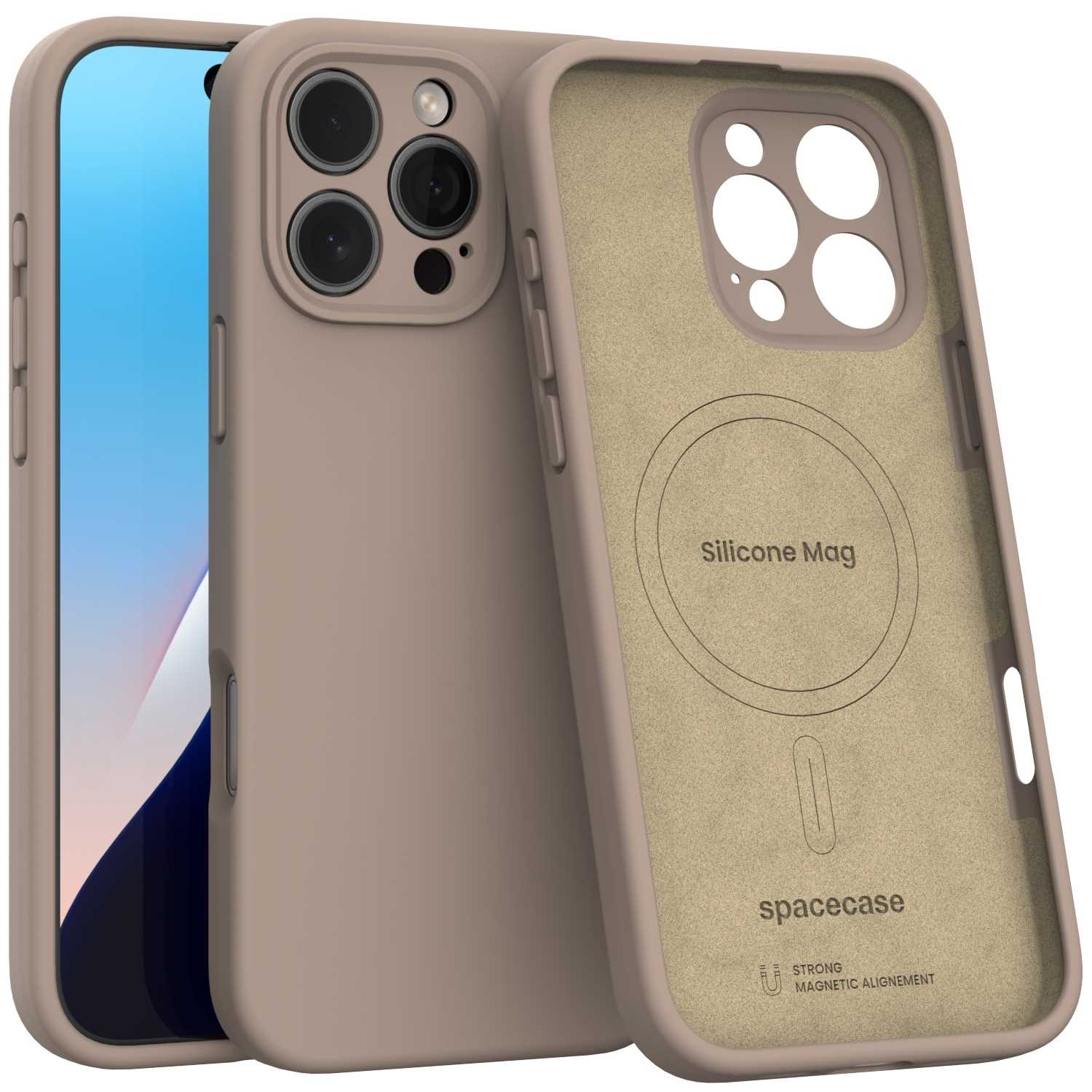 Beżowe etui na telefon z telefonem w środku i drugim etui obok. Wewnętrzne etui ma napisy "Silicone Mag" i "spacecase".