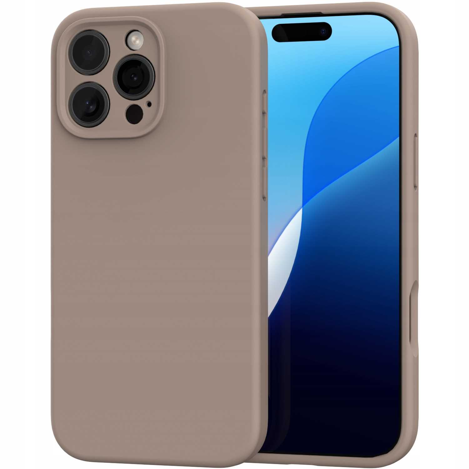 Pokazano telefon w brązowym etui. Ekran wyświetla niebieski gradient. Etui ma wiele obiektywów aparatu.