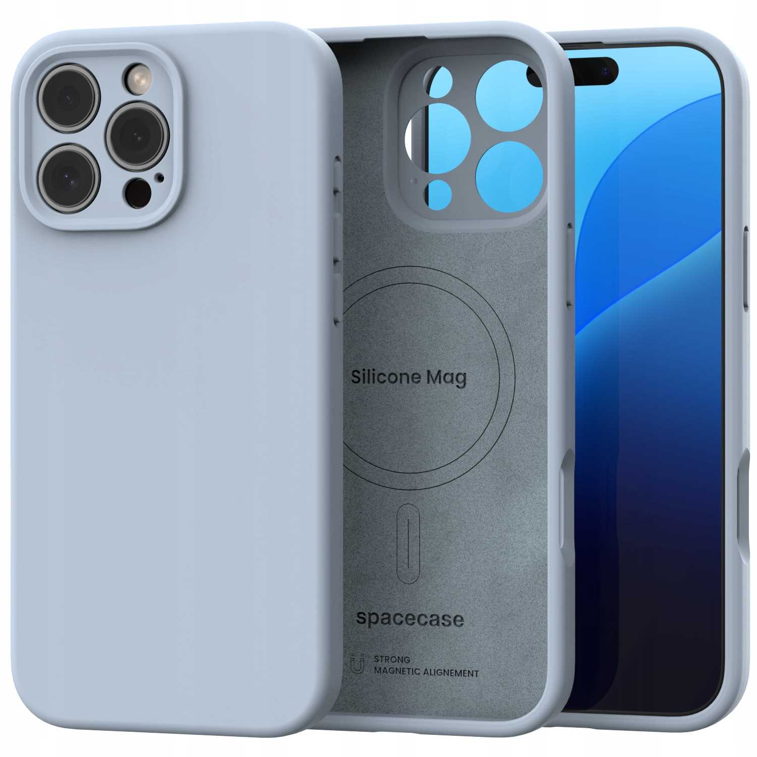 Jasnoniebieskie etui na telefon z iPhonem w środku. Etui jest otwarte, ukazując wnętrze i ekran telefonu. Etui jest oznaczone jako 'spacecase'.