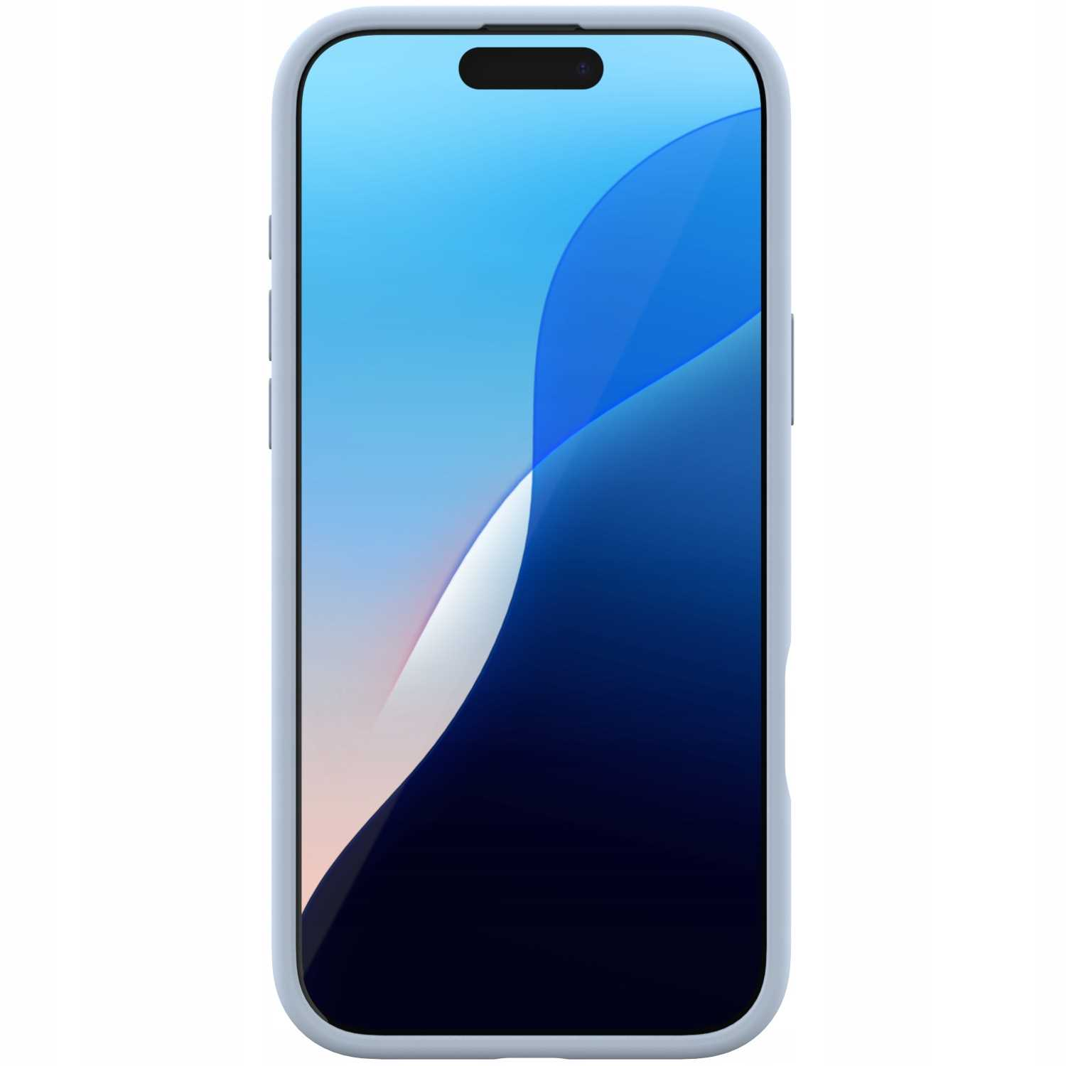 Smartfon w jasnoniebieskim etui. Ekran wyświetla niebieski gradient z białymi i granatowymi kształtami.