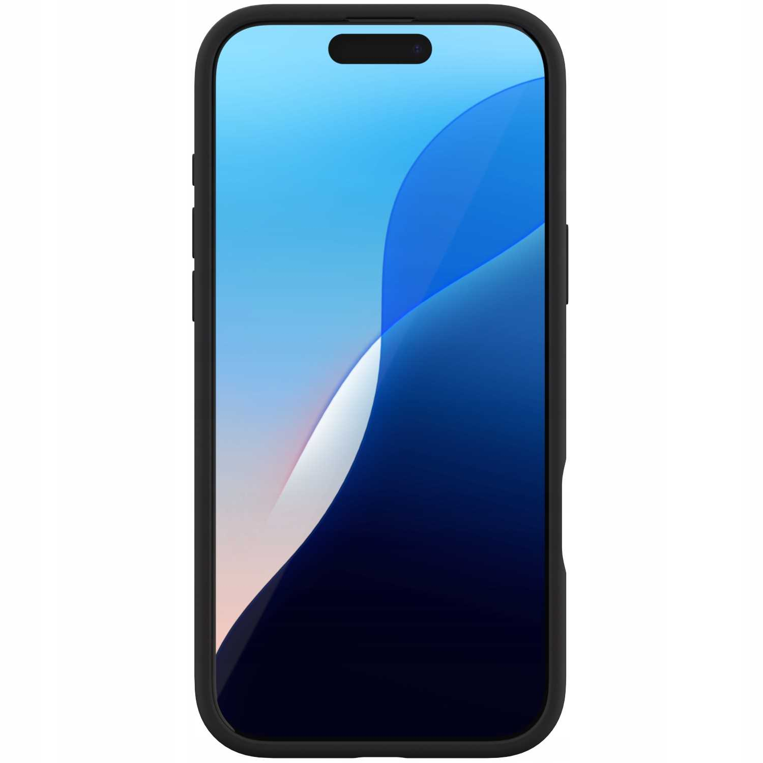Smartfon z czarnym etui. Ekran wyświetla niebiesko-biały abstrakcyjny wzór.