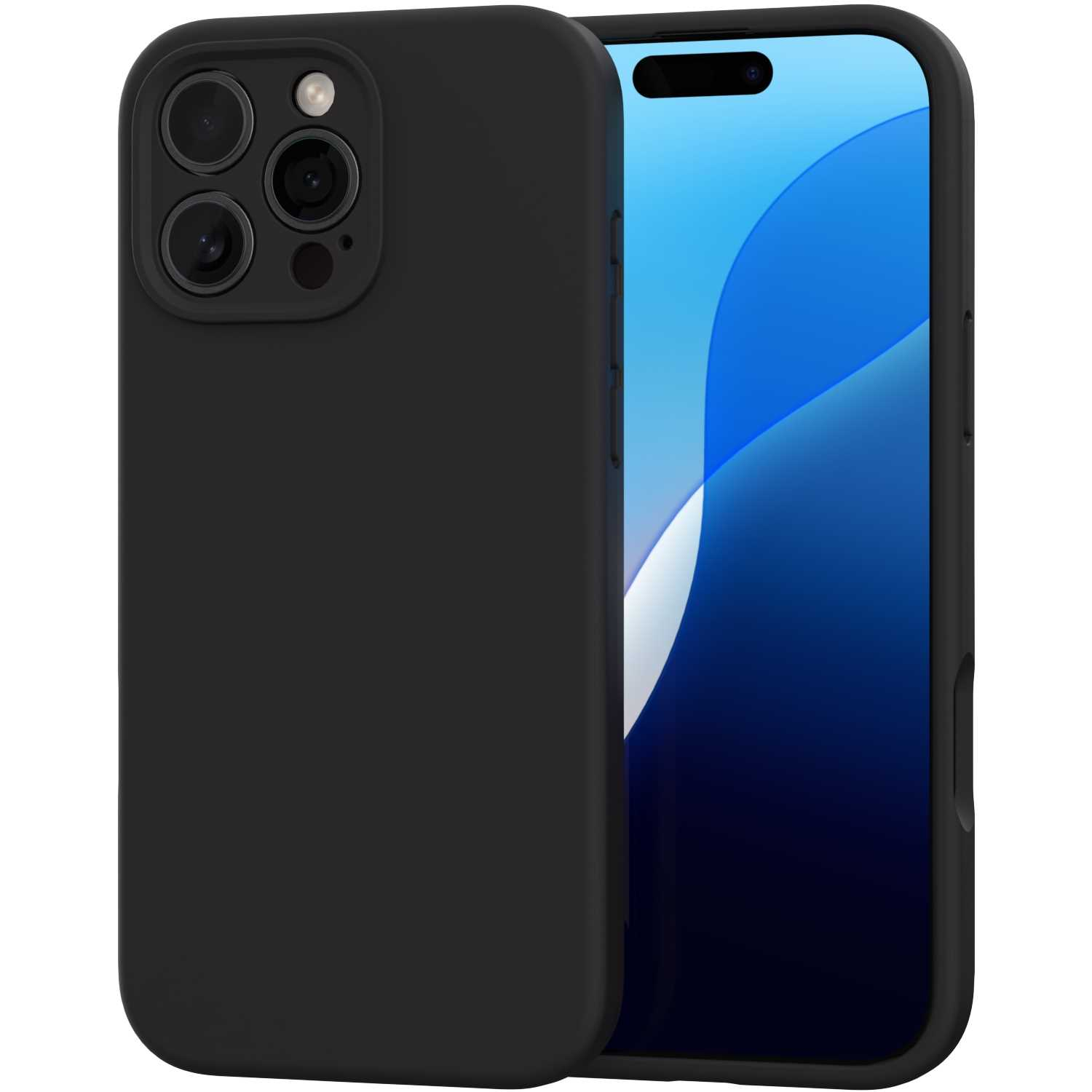 Czarny pokrowiec na telefon z telefonem. Telefon ma niebieski ekran. Etui ma wycięcia na aparat.
