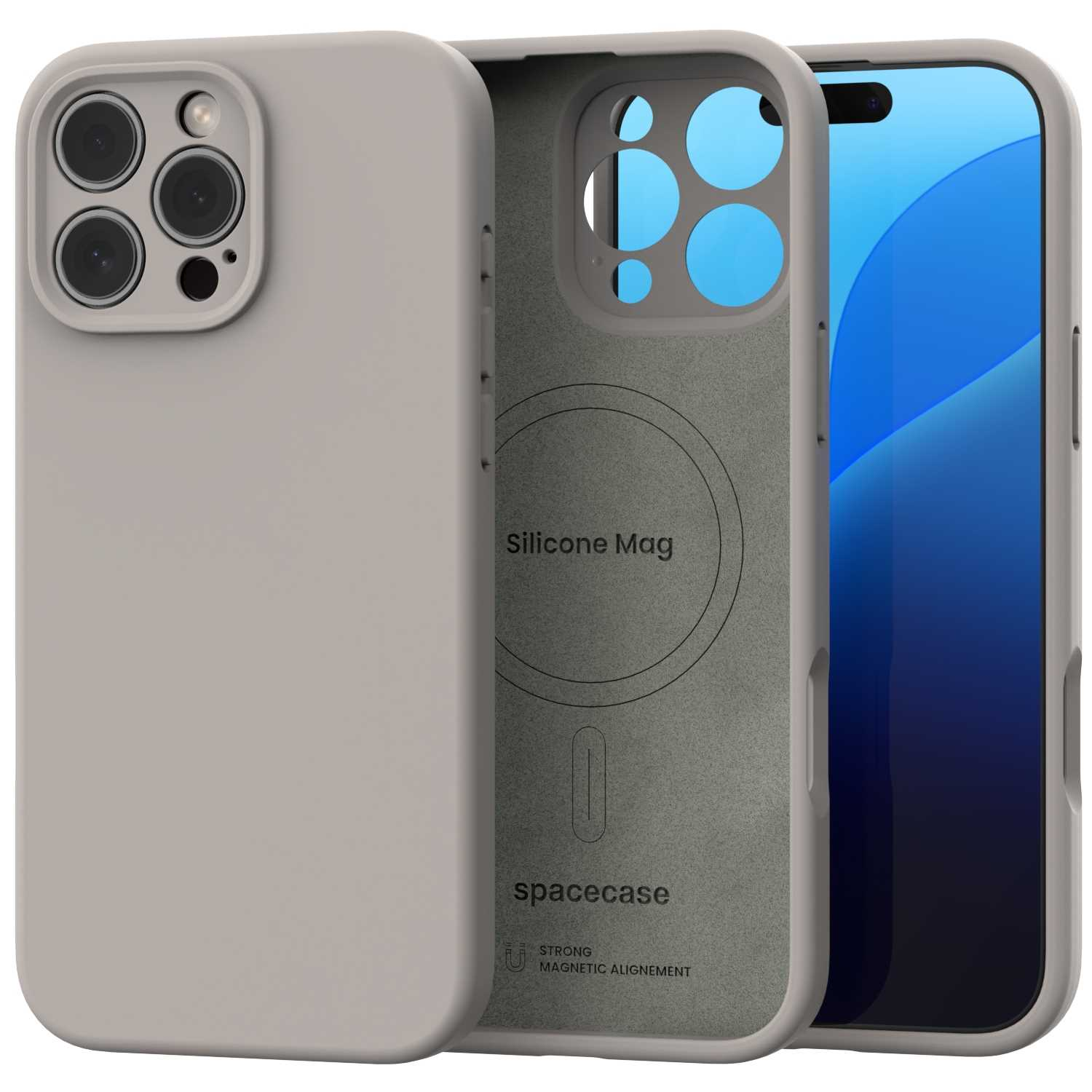 Etui na telefon i telefon. Etui jest szare, ekran telefonu ma niebieski gradient. Etui ma napis 'Silicone Mag' i 'spacecase'.