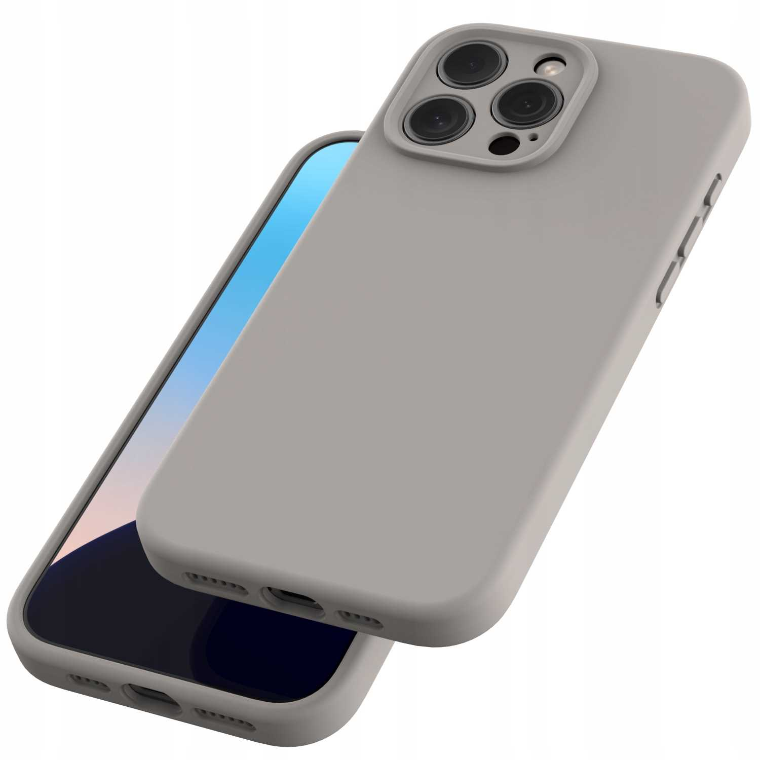 Szare etui na telefon z telefonem w środku. Etui ma wycięcia na aparat. Ekran telefonu wyświetla niebiesko-czarny gradient.