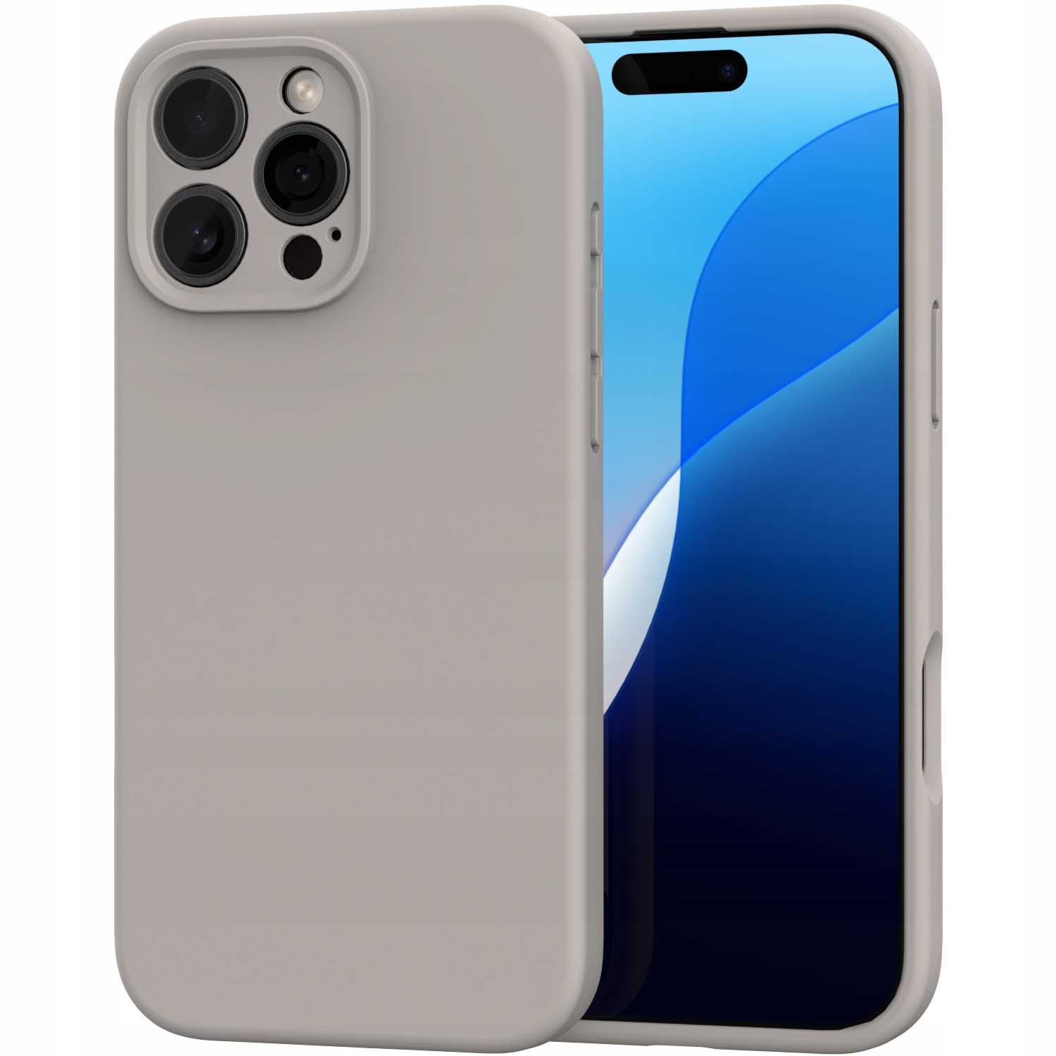 Szare etui częściowo zakrywa smartfon z niebiesko-białym ekranem. Etui ma wycięcia na aparat.
