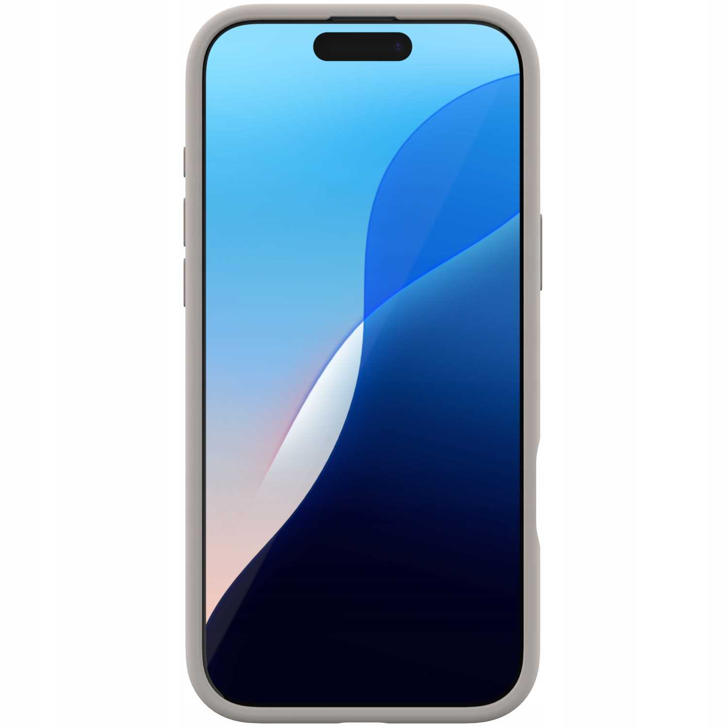 Smartfon w jasnoszarej obudowie. Ekran wyświetla niebiesko-biały abstrakcyjny wzór.