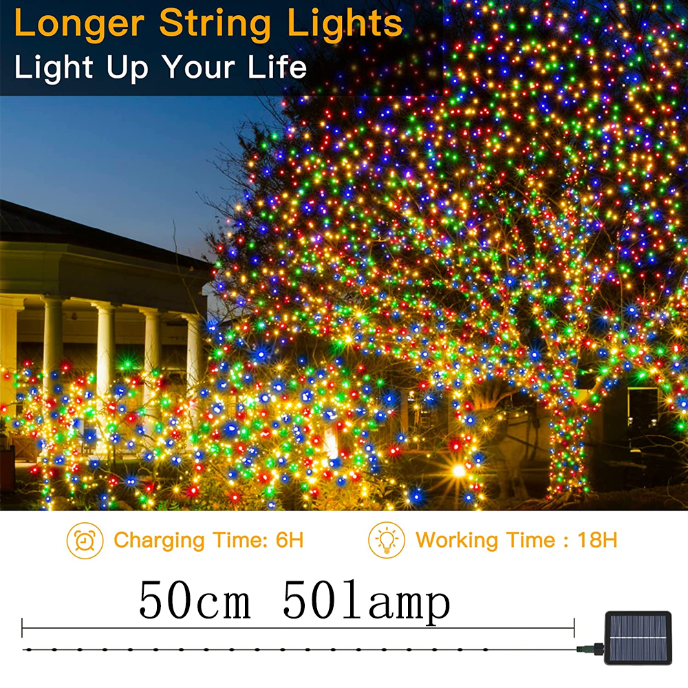 Ein Baum bedeckt mit bunten Lichterketten. Oben steht: 'Longer String Lights, Light Up Your Life.' Unten stehen Lade- und Arbeitszeiten.