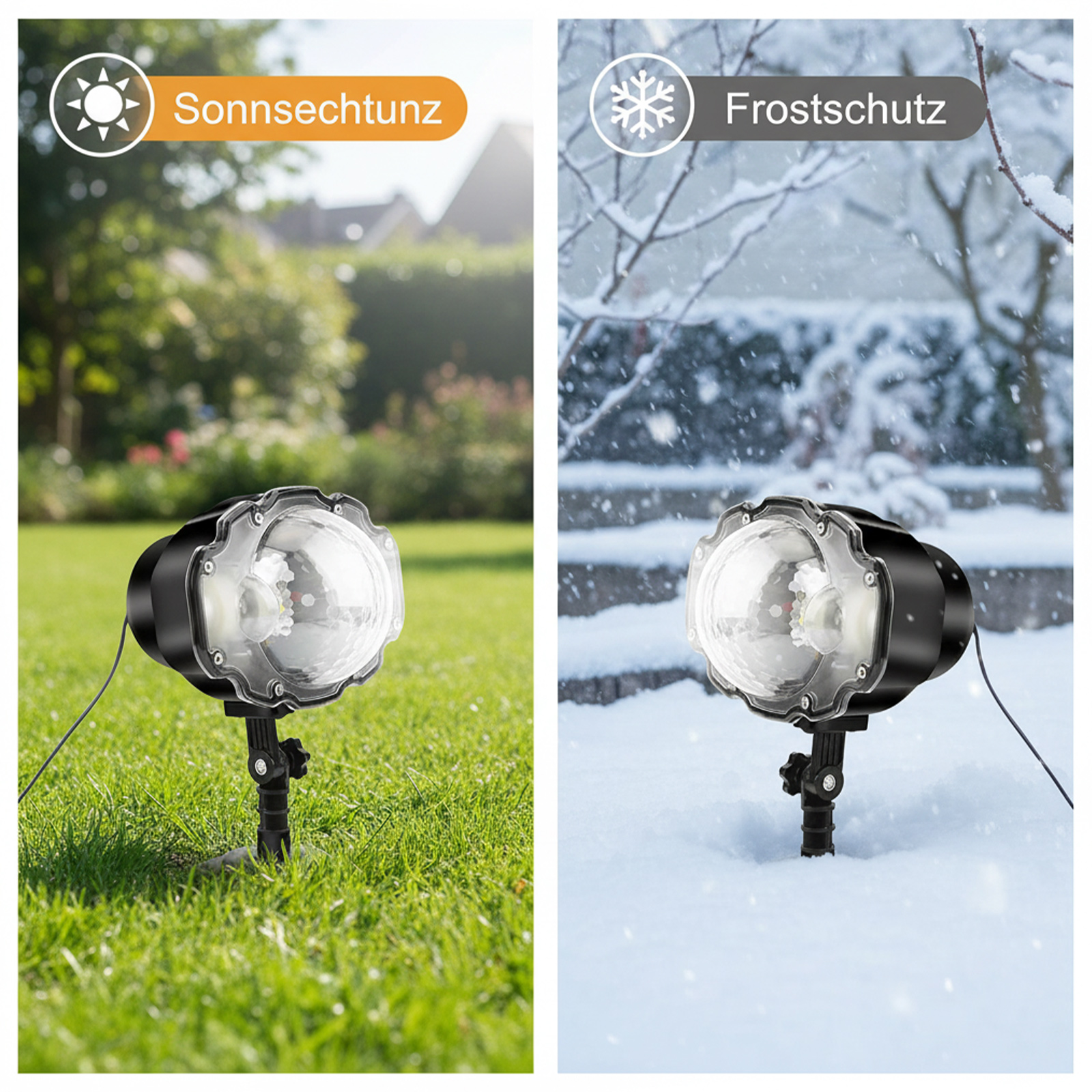 Ein Projektor in zwei Umgebungen: grünes Gras mit Sonne und schneebedeckter Boden mit Schneeflocken, beide mit demselben Projektor.