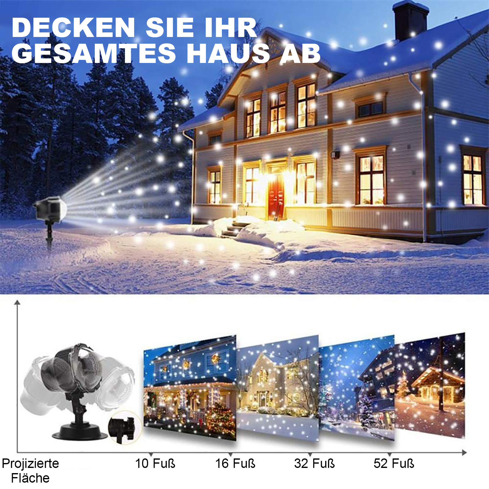 Ein Haus wird von einem Projektor mit weißen Lichtern beleuchtet. Die Szene ist verschneit, mit Text.