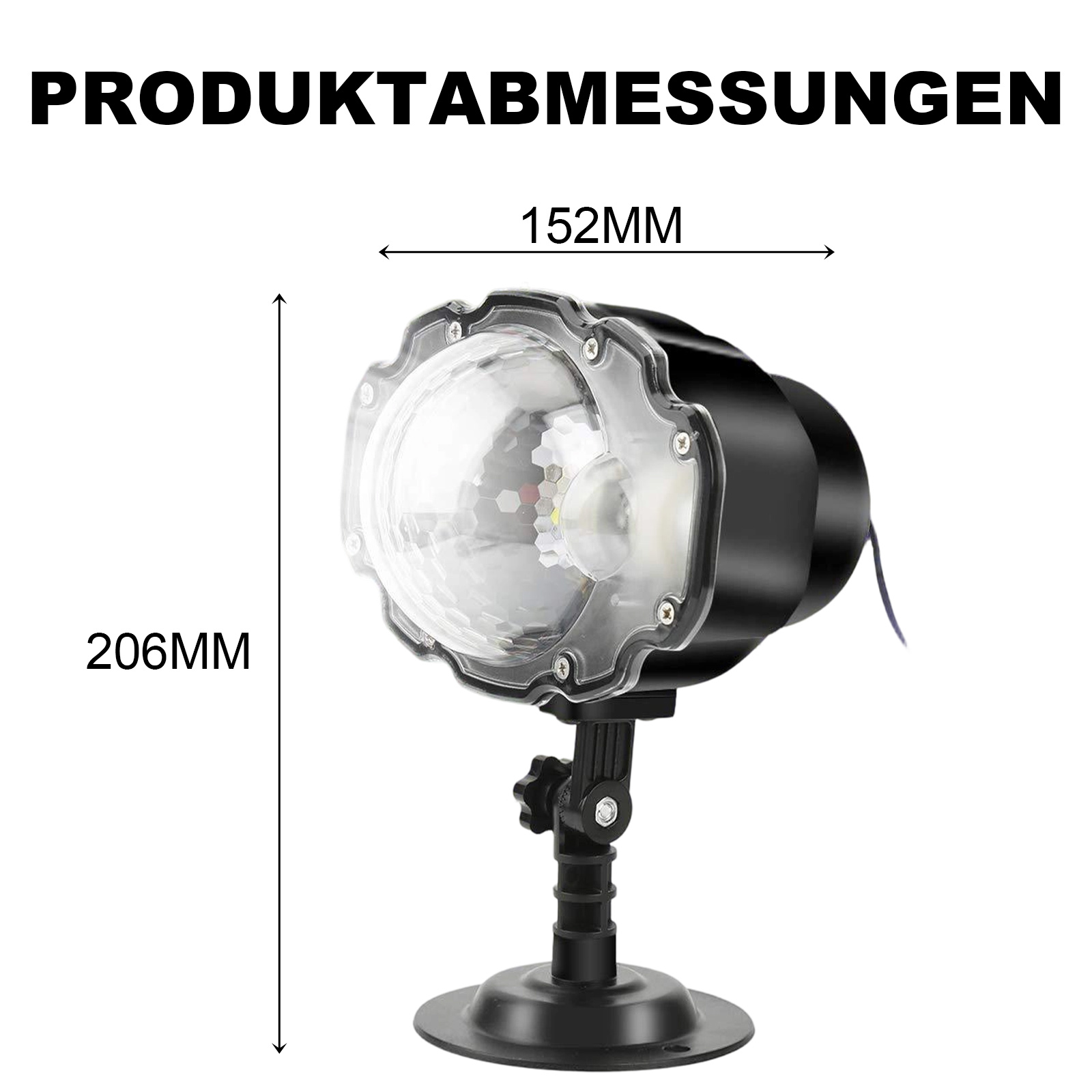 Ein schwarzer Projektor mit Größenangaben. Er hat eine klare Linse und einen Ständer. Der Text oben lautet 'Produktabmessungen'.