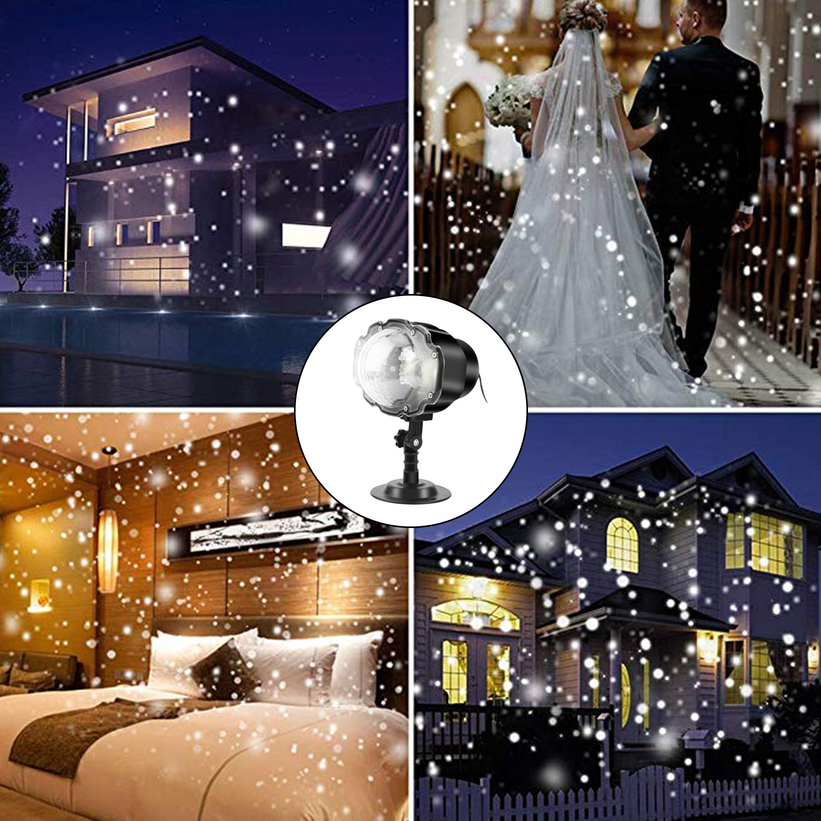 Das Bild zeigt Szenen mit einem Schneeprojektor: ein Haus, eine Hochzeit, ein Schlafzimmer. Der Projektor ist in der Mitte.