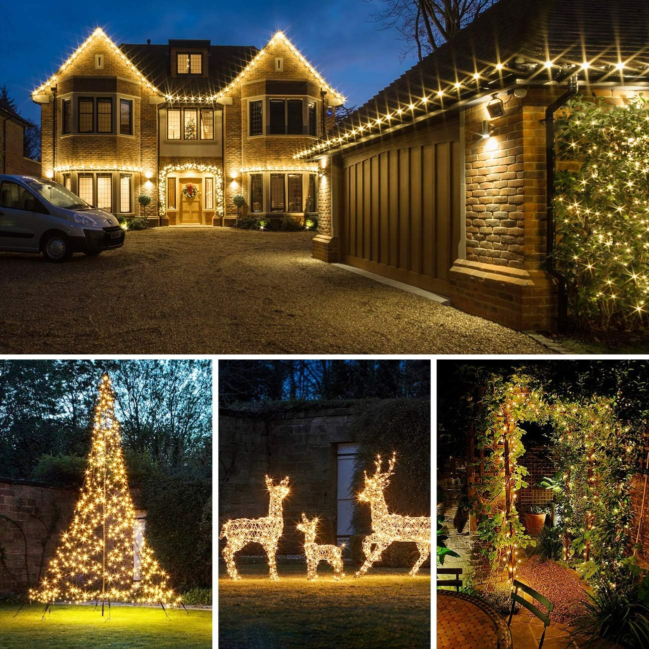 Ein Haus und eine Garage, die mit Weihnachtsbeleuchtung geschmückt sind, ein Auto davor geparkt. Weitere Szenen zeigen beleuchtete Rentiere und einen Weihnachtsbaum.