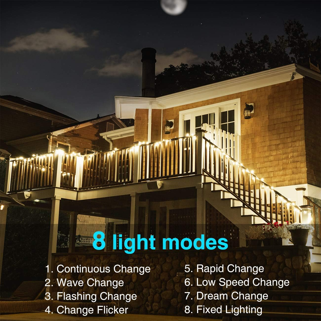 Ein Haus mit Lichtern auf dem Deck bei Nacht. Text zeigt 8 Lichtmodi.