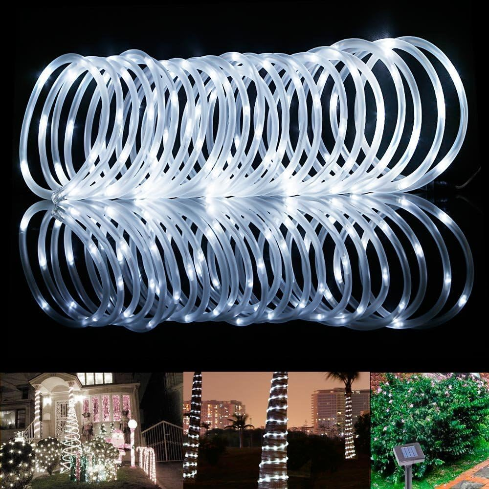 Weiße LED-Seilbeleuchtung, auf schwarzem Hintergrund gewickelt. Zusätzliche Bilder zeigen Lichter auf Bäumen und Häusern.