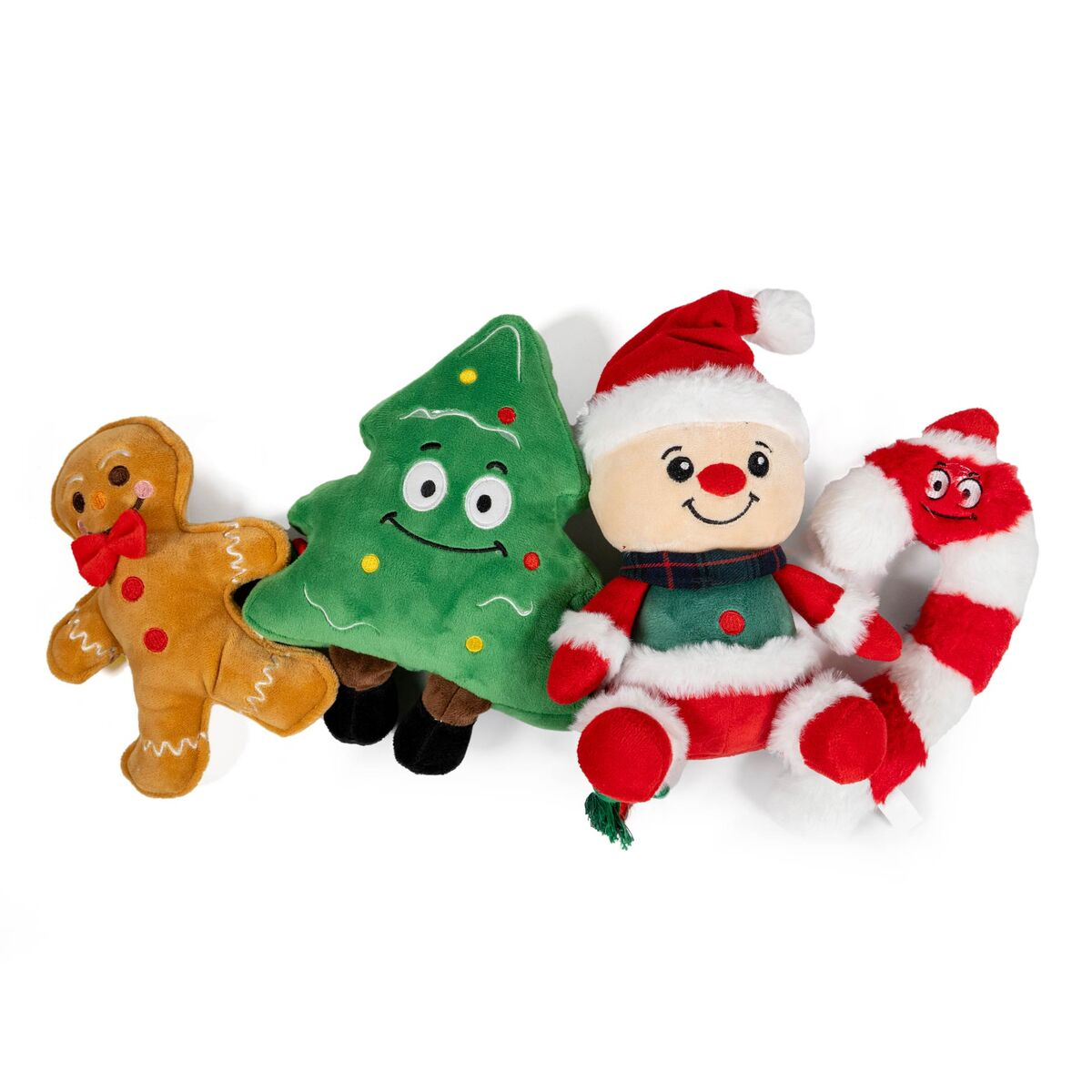 Vier Weihnachts-Plüschtiere: Lebkuchenmann, grüner Baum, Weihnachtsmann und Zuckerstange, alle auf weißem Hintergrund.