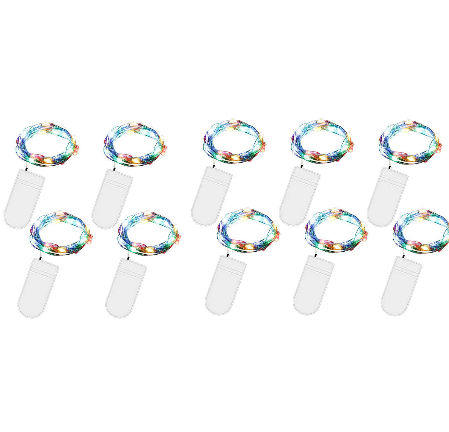 Zehn Sätze Lichterketten mit bunten LEDs, jeweils verbunden mit einem weißen Batteriepack, angeordnet auf weißem Hintergrund.