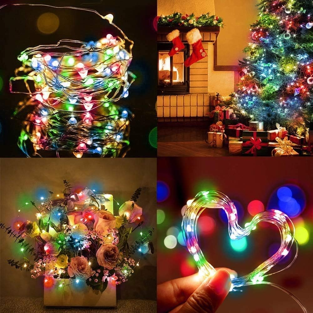 Collage von festlichen Bildern: Lichterketten, Weihnachtsbaum, Kamin mit Strümpfen, Blumengesteck mit Lichtern und herzförmigem Licht.