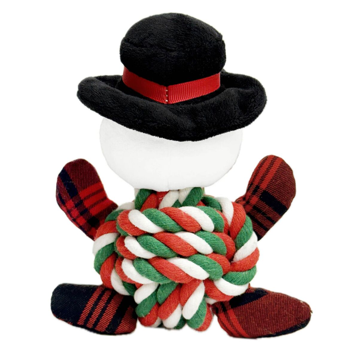 Ein Schneemann-Spielzeug mit schwarzem Hut mit rotem Band und einem roten, grünen und weißen Seilschal, karierten Armen und Füßen.