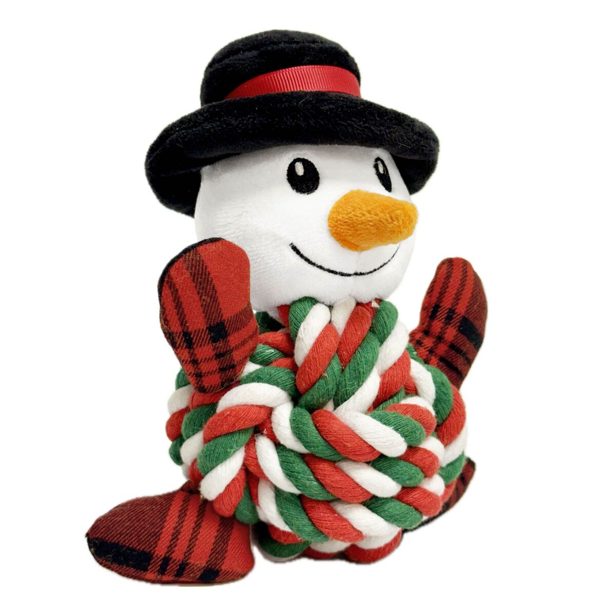 Ein Schneemann-Plüschtier mit schwarzem Hut, orangener Nase und einem Seilschal. Arme und Füße sind kariert. Der Hintergrund ist weiß.