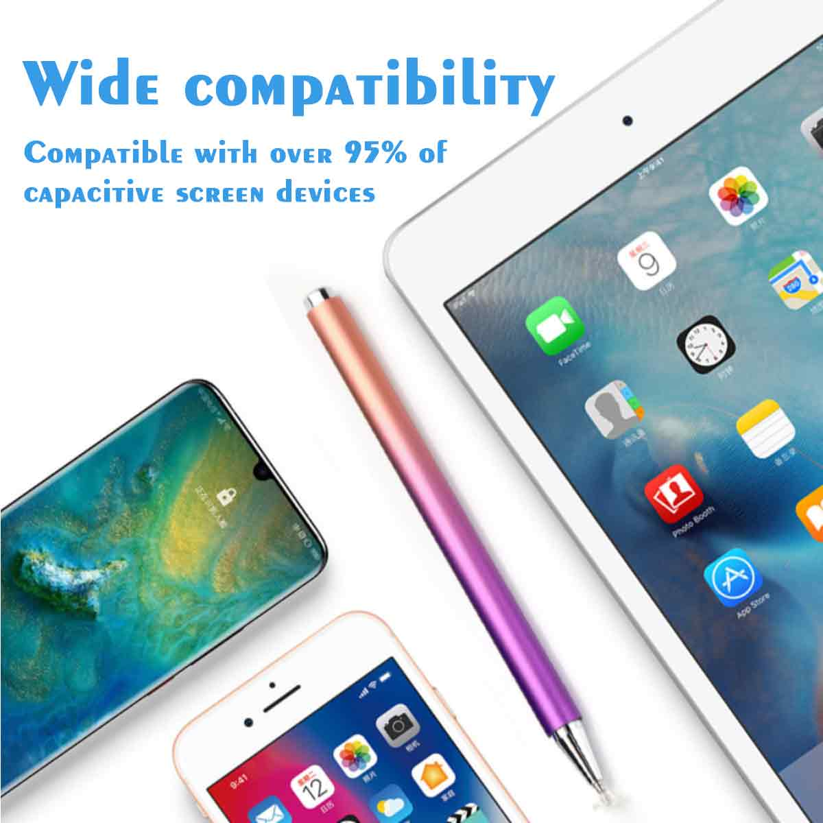 Ein Stift liegt auf einem iPad und Handys. Der Text lautet 'Wide Compatibility', kompatibel mit über 95% der kapazitiven Bildschirmgeräte.