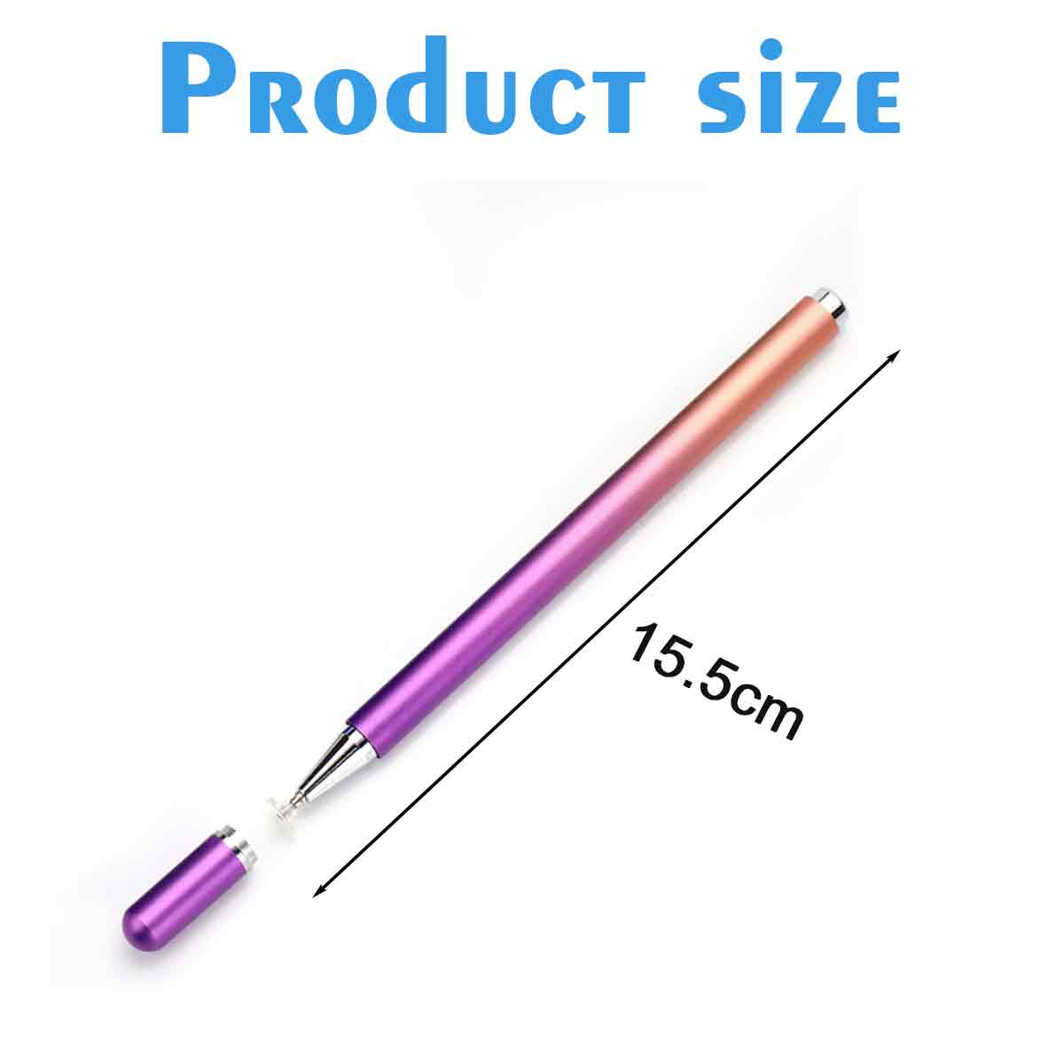 Ein Stift, lila bis orangefarbener Farbverlauf, wird gezeigt. Eine abgenommene Kappe liegt daneben. Text 'Produktgröße' und '15,5cm' sind sichtbar.