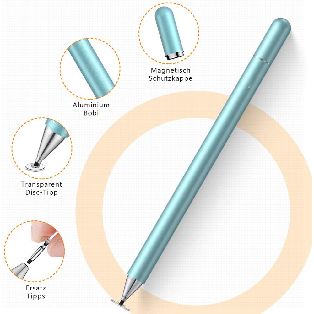 Ein hellblauer Stift mit transparenter Scheibenspitze. Details zeigen Kappe, Aluminiumkörper und Ersatzspitzen.