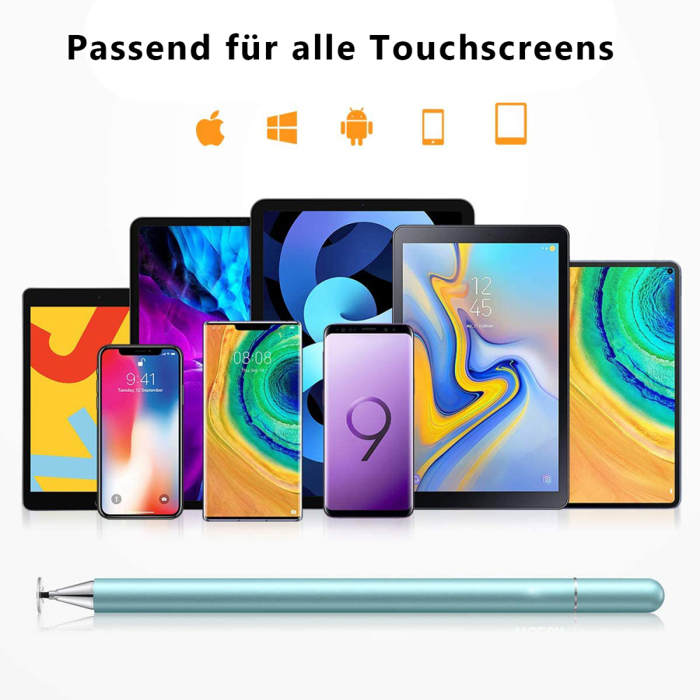 Das Bild zeigt mehrere Smartphones und Tablets. Unten befindet sich ein Eingabestift. Oben steht: Geeignet für alle Touchscreens.