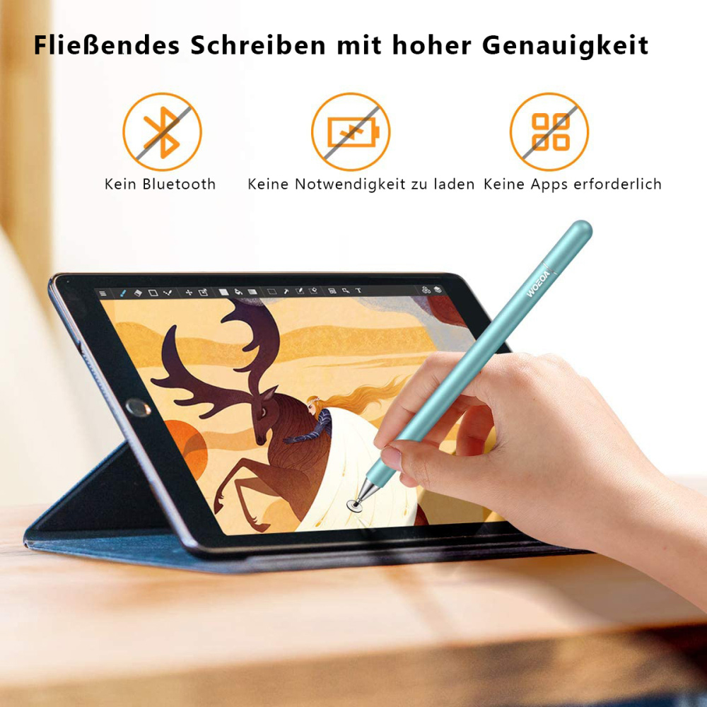 Eine Hand benutzt einen blauen Stift auf einem Tablet und zeichnet ein Bild. Oben steht der Text 'Fließendes Schreiben mit hoher Genauigkeit'.