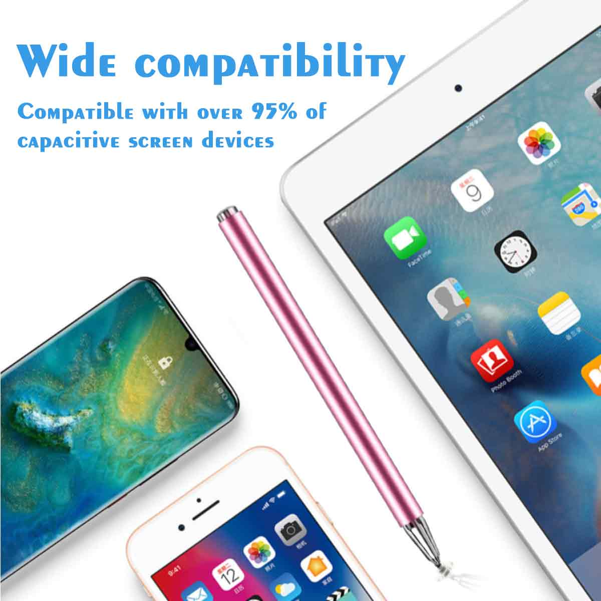 Ein rosafarbener Stift liegt auf einem weißen Tablet, darunter ein Smartphone und ein weiteres Telefon. Text: Breite Kompatibilität und 95% kompatibel.