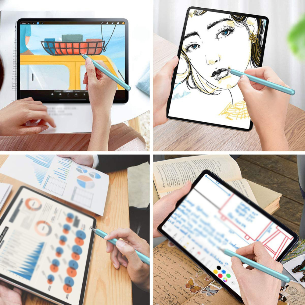 Vier Bilder zeigen Tablets mit Stiften. Eines zeichnet Kunst, eines zeigt Diagramme und ein anderes Notizen. Die Stifte sind türkis.