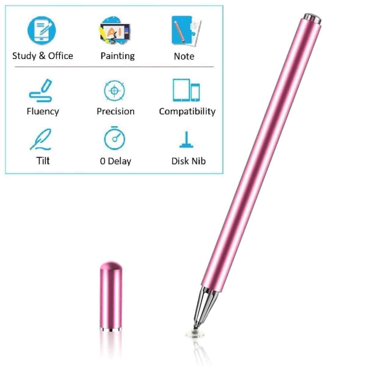 Ein pinkfarbener Stift mit Kappe. Symbole für Studium, Malerei, Notizen, Flüssigkeit, Präzision, Kompatibilität, Neigung, 0 Verzögerung.