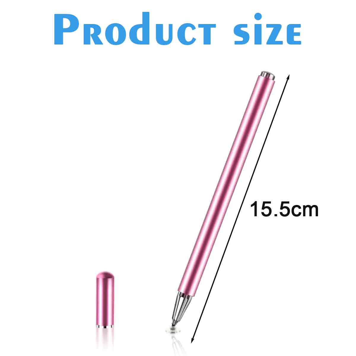 Ein rosafarbener Stift und seine Kappe sind auf weißem Grund abgebildet. Der Stift ist 15,5 cm lang. Der Text oben lautet „Produktgröße“.