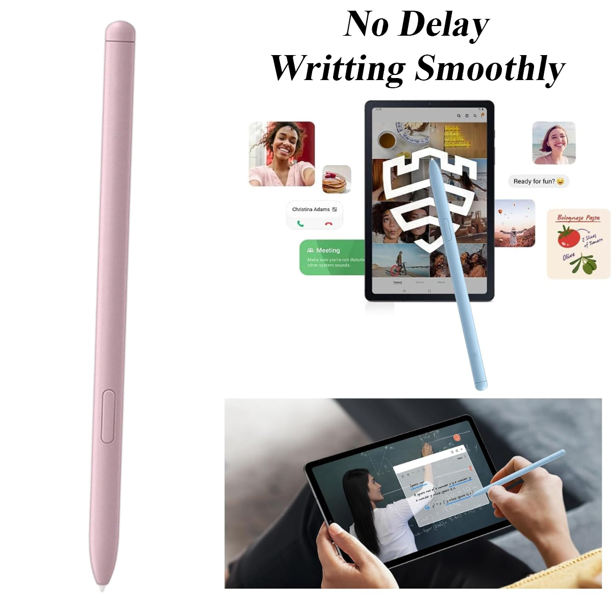 Das Bild zeigt einen rosa Stift und ein Tablet mit einem blauen Stift. Auf dem Tablet sind Frauen, Essen und Text zu sehen.