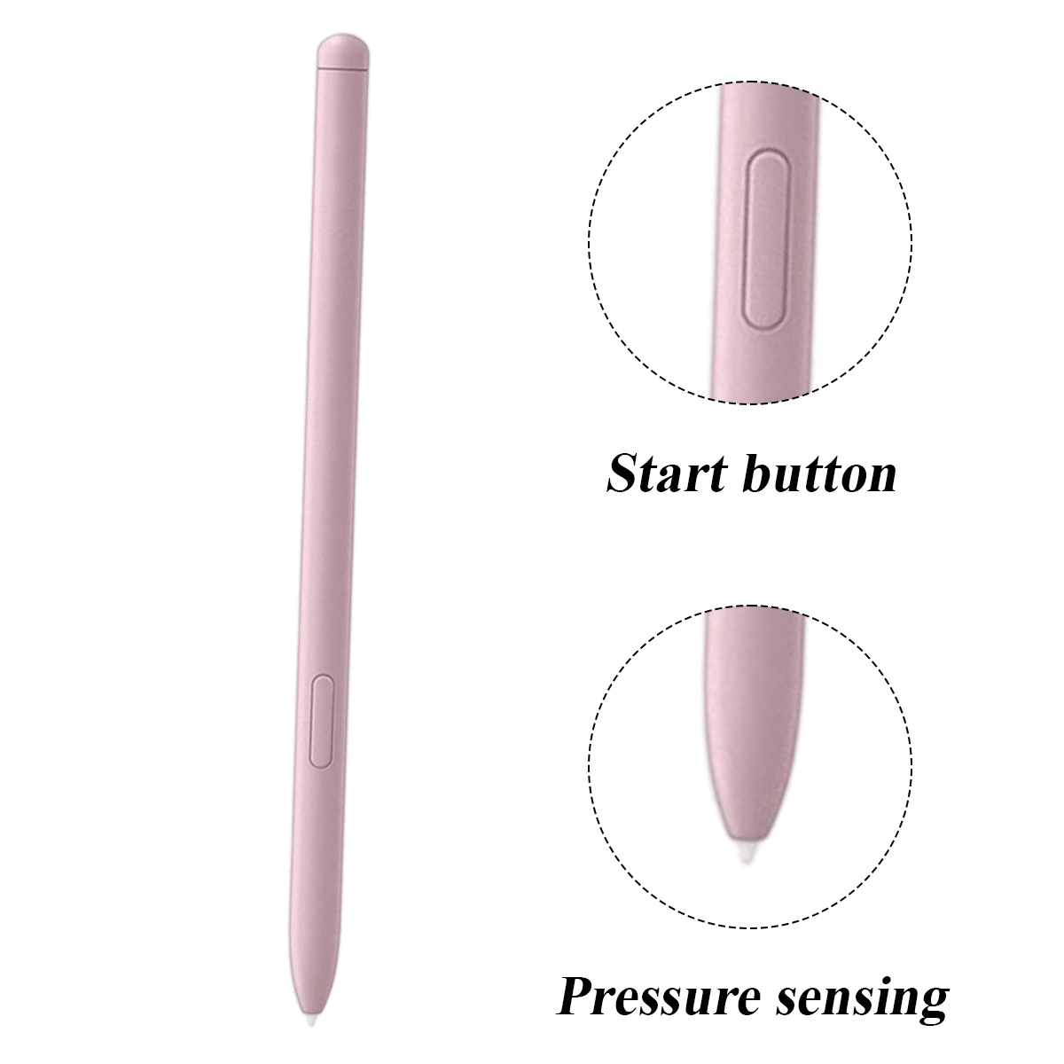 Ein rosa Stift mit Starttaste und druckempfindlicher Spitze, detailliert dargestellt mit Nahaufnahmen.