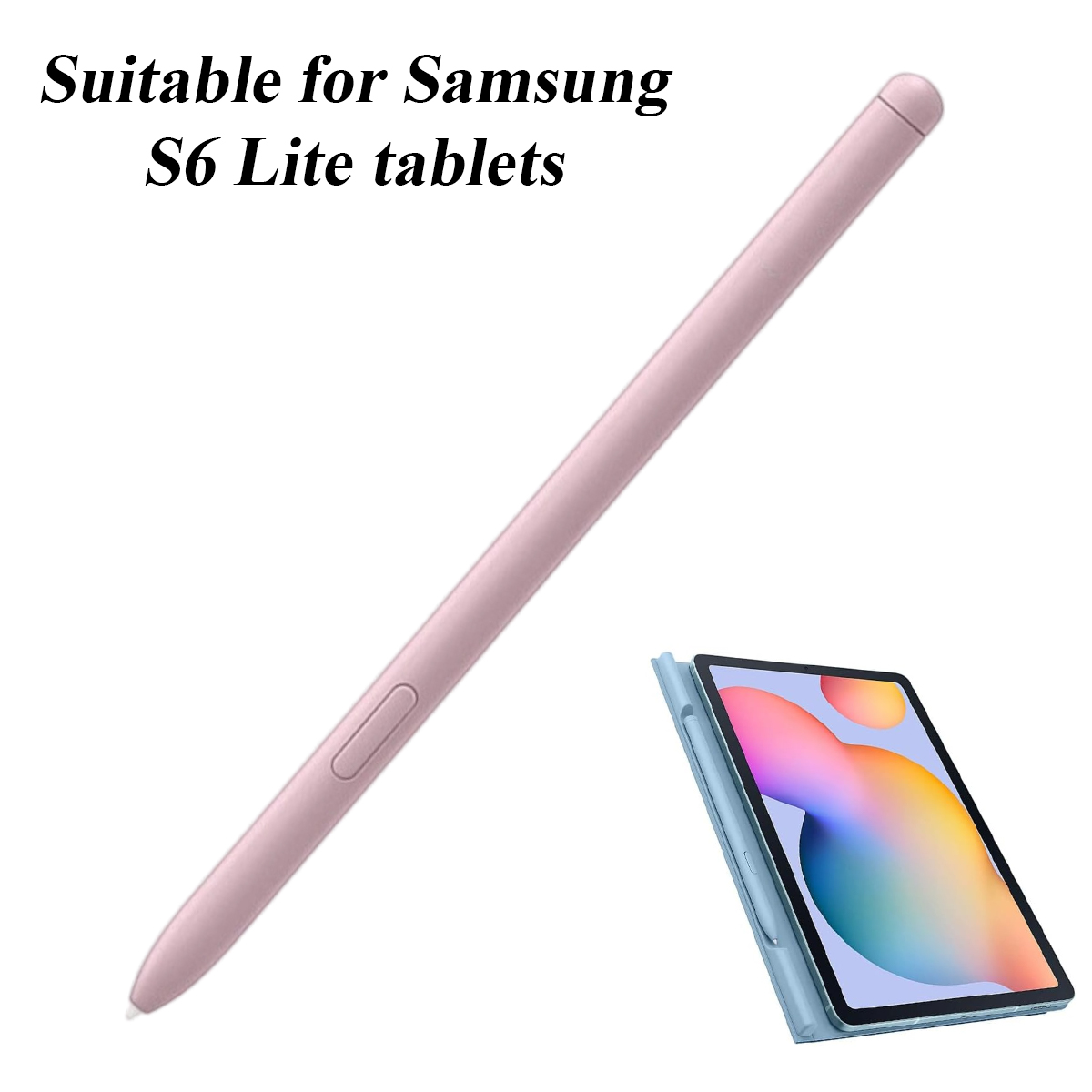 Ein rosa Stift liegt über einem Tablet in einer blauen Hülle. Oben steht: Geeignet für Samsung S6 Lite Tablets.