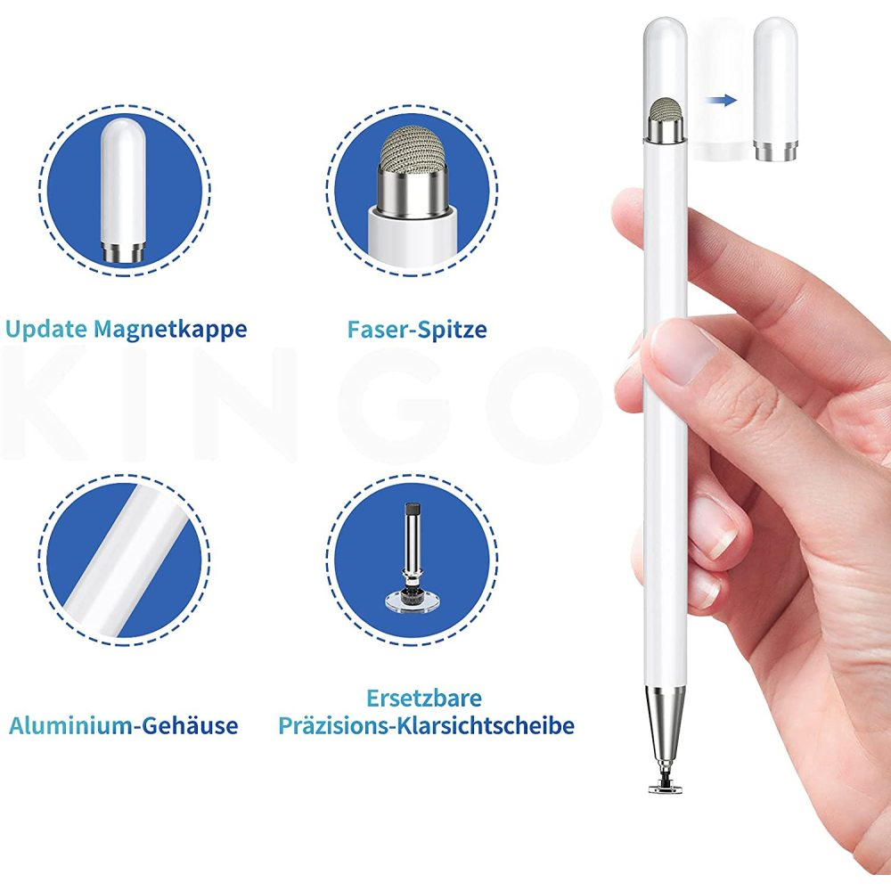 Ein weißer Stift wird von einer Hand gehalten. Er wird mit seinen Teilen und Beschriftungen gezeigt, einschließlich Spitze, Kappe und Aluminiumgehäuse.