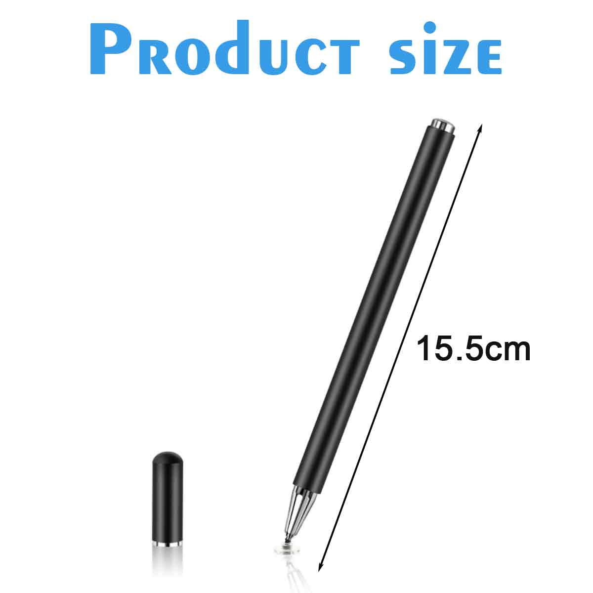 Schwarzer Eingabestift mit Kappe. Die Produktgröße beträgt 15,5 cm. Der Titel lautet Produktgröße.