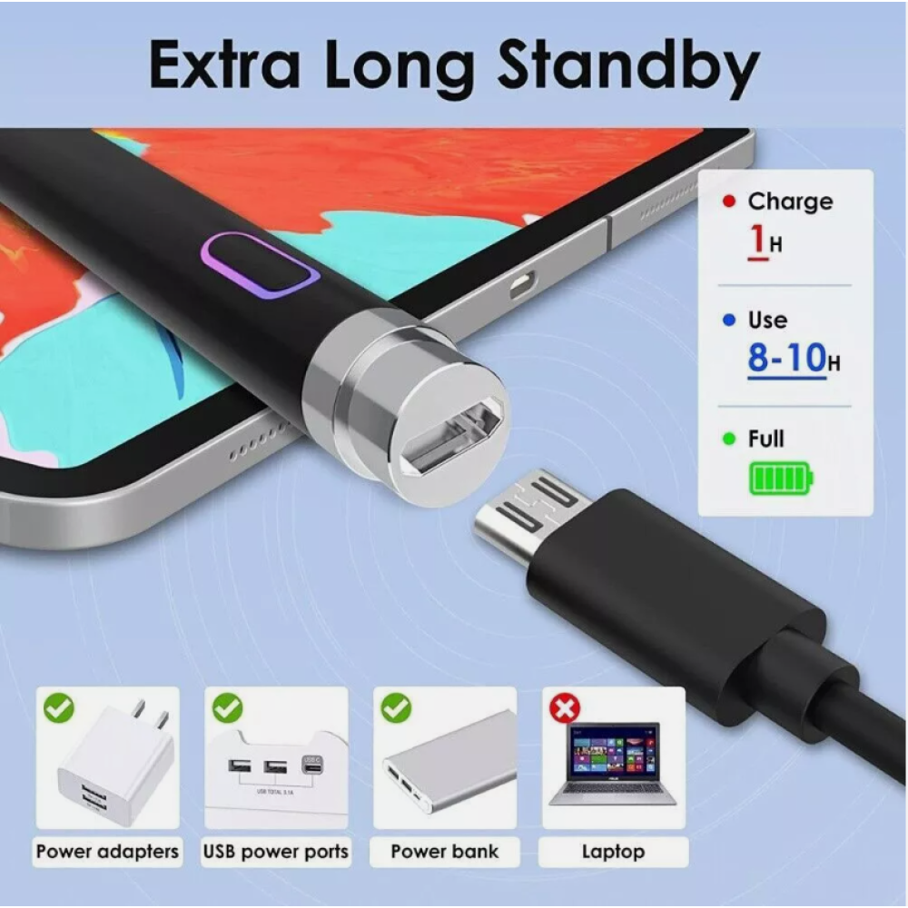 Ein Stift, der neben einem Telefon geladen wird. Ladezeit 1H, Nutzungszeit 8-10H. Netzteile, USB-Anschlüsse und eine Powerbank können laden.