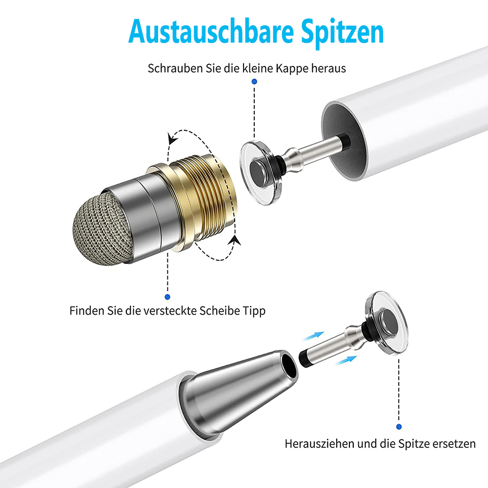 Das Bild zeigt einen Stylus-Stift, dessen Spitze ausgetauscht wird. Zeigt die Schritte des Abschraubens, Entfernens und Ersetzens der Spitze.
