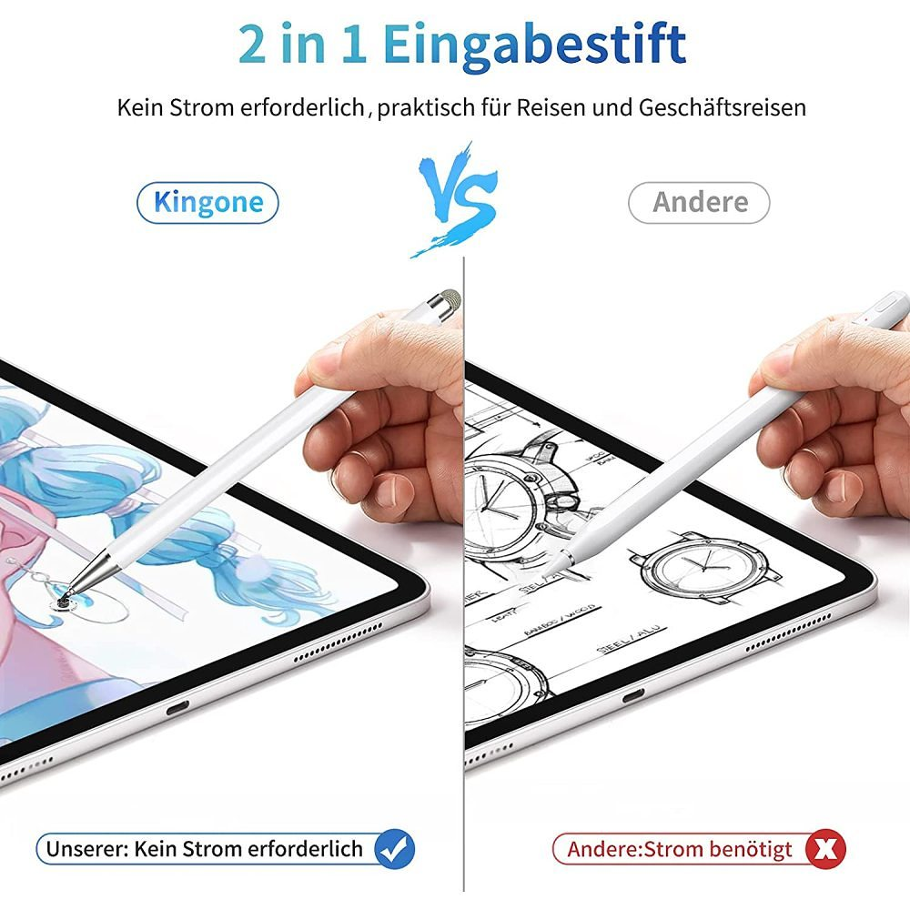 Das Bild zeigt zwei Stifte auf Tablets. Einer sagt 'Kingone' ohne Strom, der andere 'Andere' benötigt Strom.