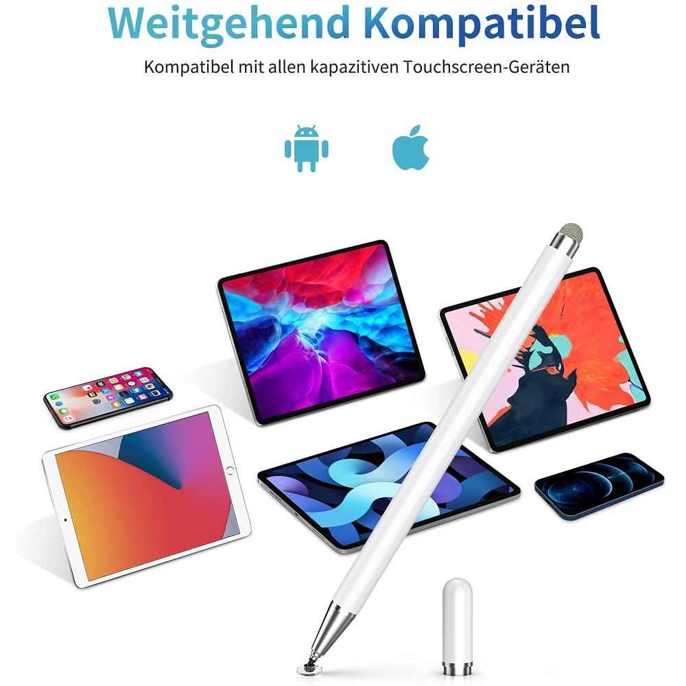 Ein weißer Stift und mehrere Tablets und Telefone werden angezeigt. Der Hintergrund zeigt Text auf Deutsch und Logos von Android und Apple.