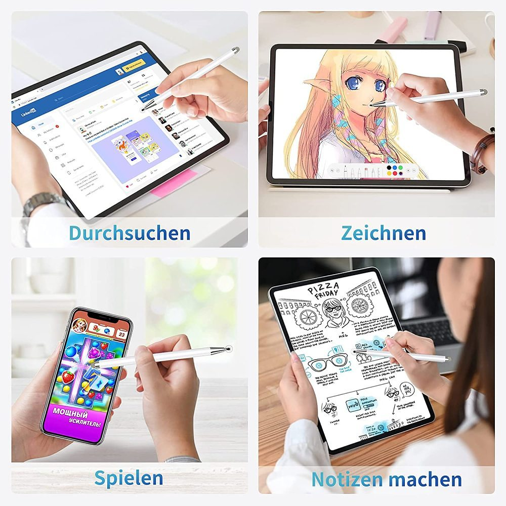 Das Bild zeigt vier verschiedene Aktivitäten. Surfen auf einem Tablet, Zeichnen, Spielen und Notizen auf einem anderen Tablet mit Stift.
