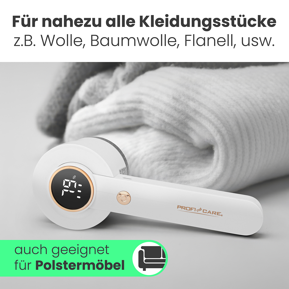 Weißer Stoffrasierer mit Digitalanzeige. Text: 'Für nahezu alle Kleidungsstücke'. Auf weißem Untergrund mit grauem Stoff im Hintergrund.