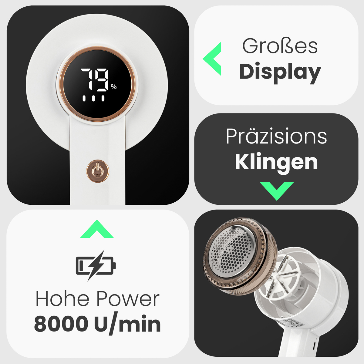 Weißer und goldener Stoffrasierer mit Digitalanzeige, die 79 % anzeigt. Infoboxen heben Funktionen und Spezifikationen hervor.
