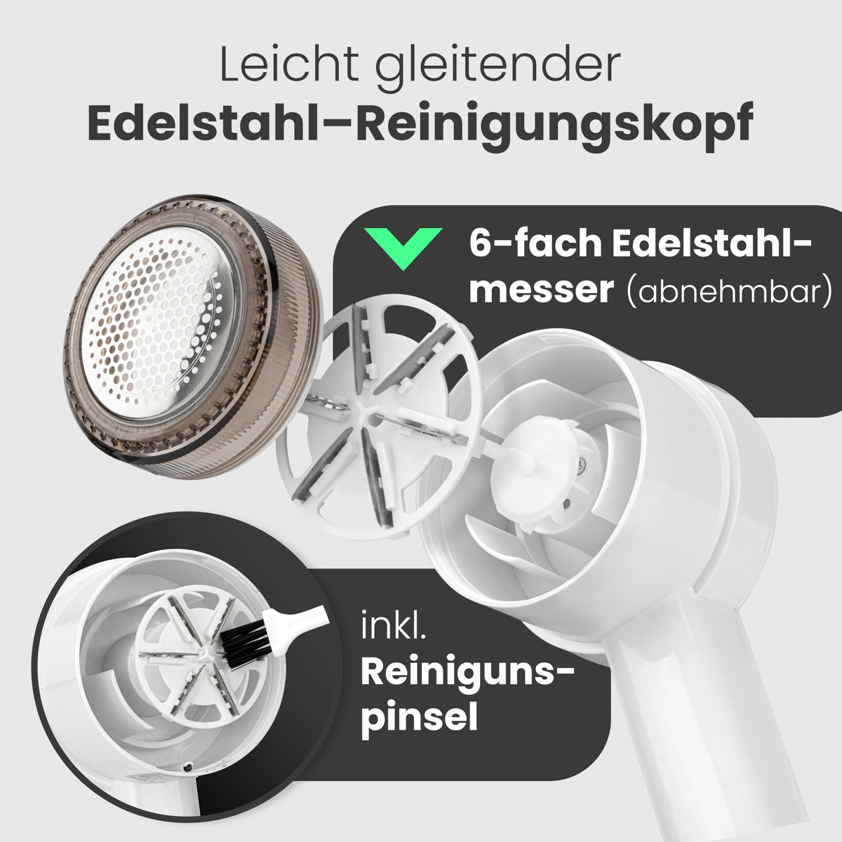 Diagramm eines Reinigungskopfes mit beschrifteten Teilen. Enthält einen 6-Klingen-Edelstahlschneider, eine Reinigungsbürste und Text.