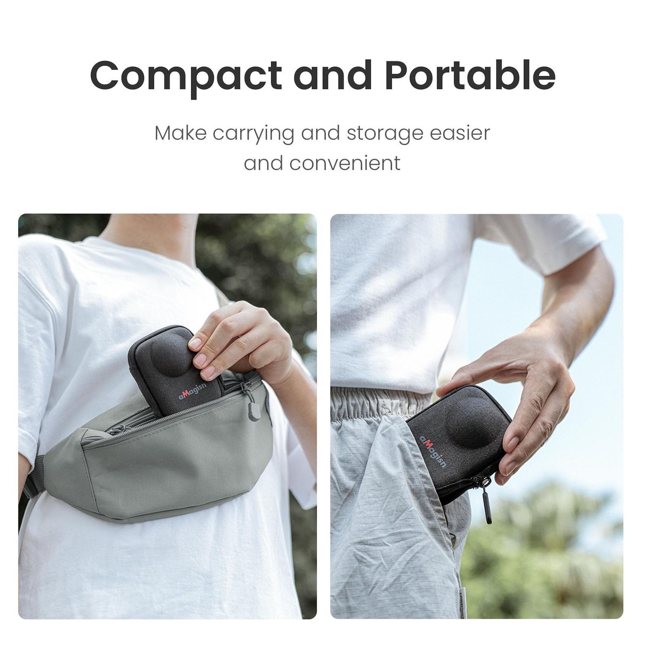 Zwei Personen halten kleine schwarze Etuis, eine in einer Bauchtasche und die andere in einer Tasche. Text: Kompakt und tragbar.