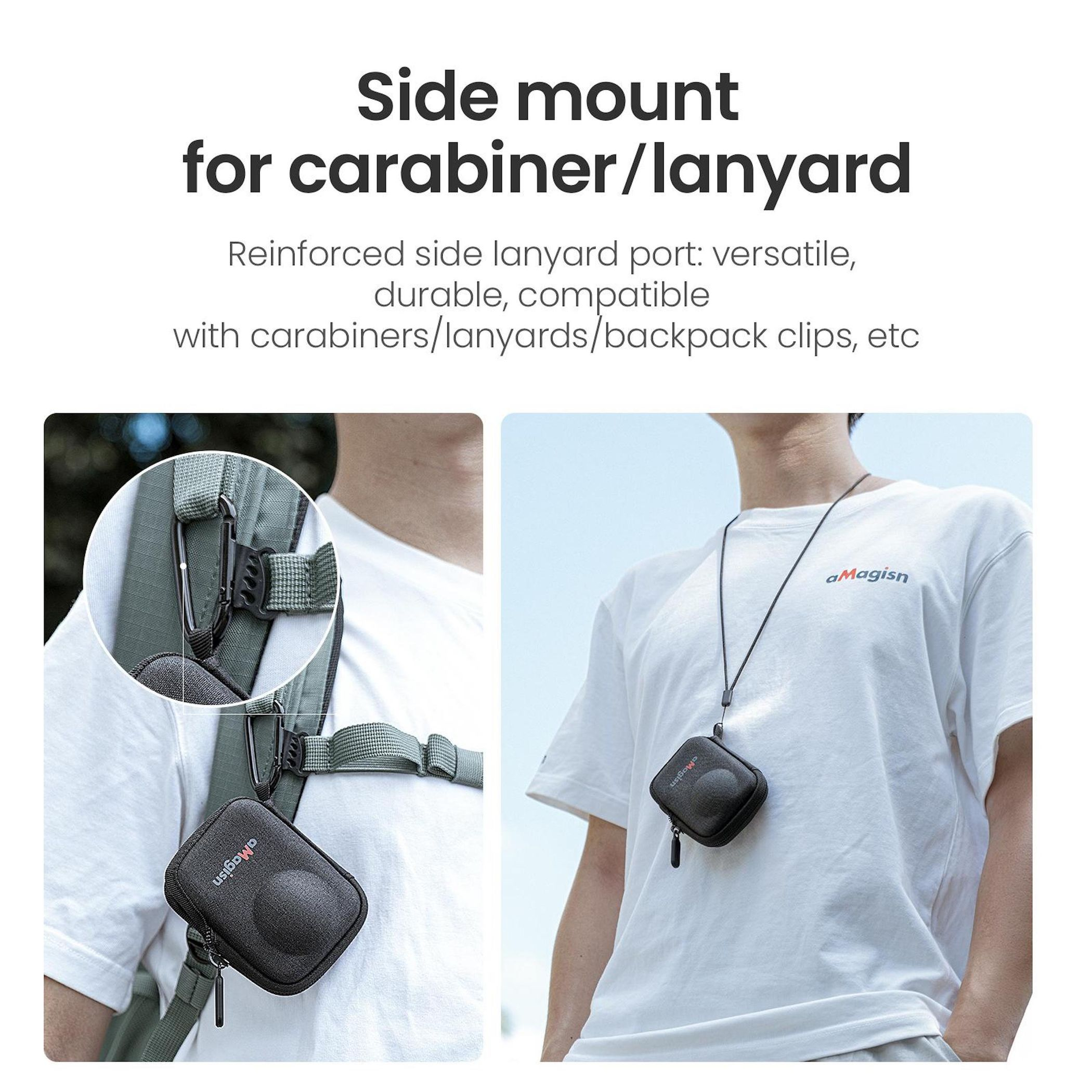 Das Bild zeigt eine Seitenhalterung für Karabiner/Lanyard. Zwei Personen präsentieren das Produkt. Einer am Rucksack, einer um den Hals.